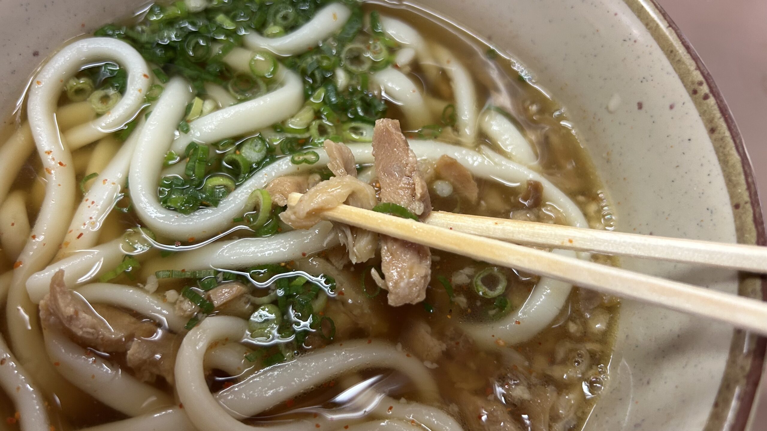 うどんと甘辛いかしわ肉が心にしみる